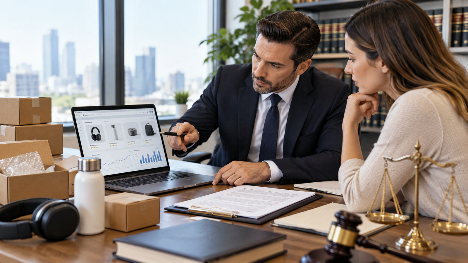 Attorney reviewing online marketplace product listings and seller documentation
