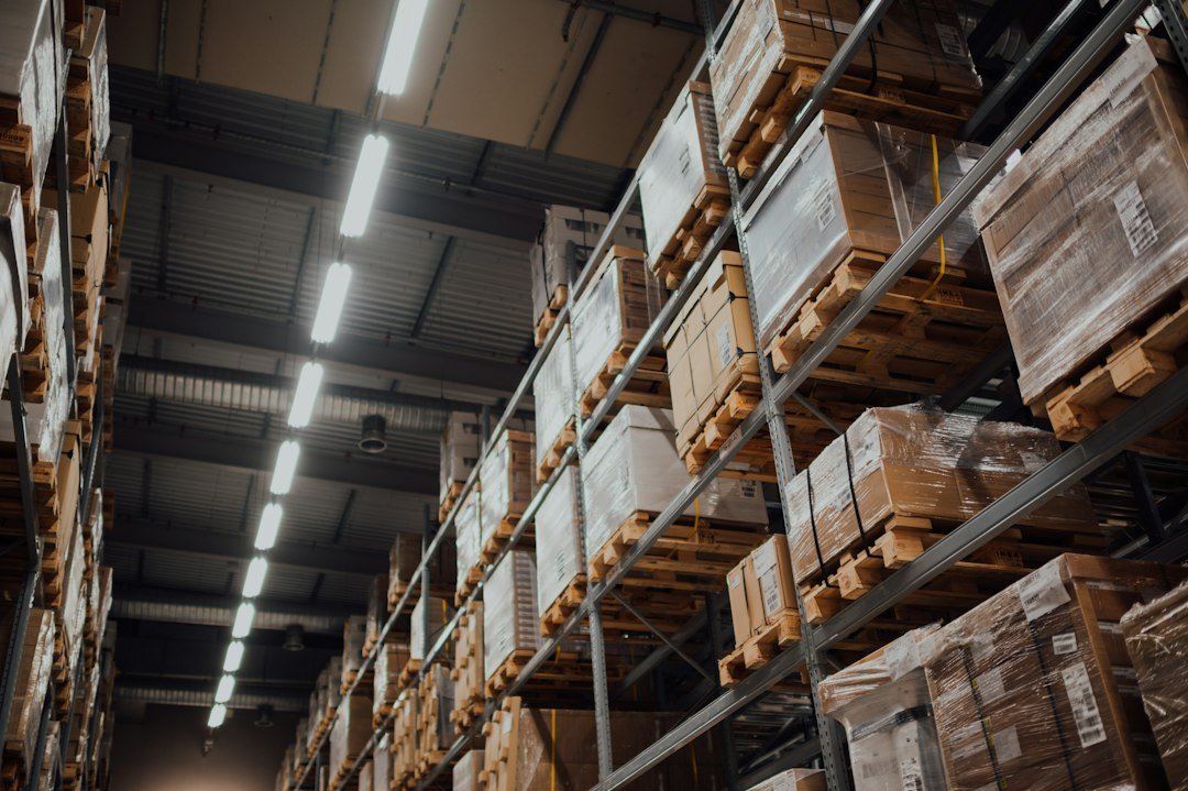 Shipping boxes stored inside a commercial fulfillment warehouse